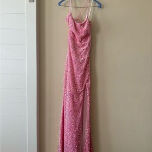 Sparkly pink prom dress with slit, criss cross ties in back, size 2, worn 1x